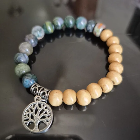 Tree Of Life Braclet! Handmade With Natural Moss Agate And Mala Beads! - Picture 2 of 12